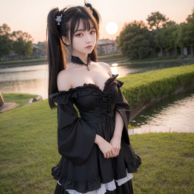 Ultra high definition、masterpiece、correct、Anatomically correct、Textured skin、Very detailed、High detail、high quality、最high quality、High resolution、8k、Surrealism、Raw photo、whole body、Beautiful age Woman、One Japanese woman、Big beautiful eyeedium chest、Black hair, semi-long, twin tails、Off the shoulder、Medieval Gothic Loliress、Standing with the full moon behind