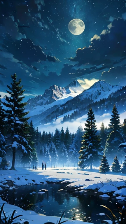 Mountain,
BREAK (masterpiece, best quality:1.2), outdoors, nature, forest, pines, grass, tall grass, detailed grass, plants, night, clouds, snow, snowing, full moon