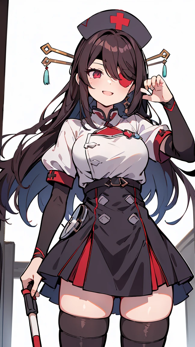 , espadachim, espada, ((nurse cap, pernas brancas, Zettai Ryuki)), luvas brancas, STANDING, ((quarto de hospital)), mangas curtas, sorriso sedutor, droopy eyes, sharp contour, super detalhe, alta qualidade, alta detalhes, melhor