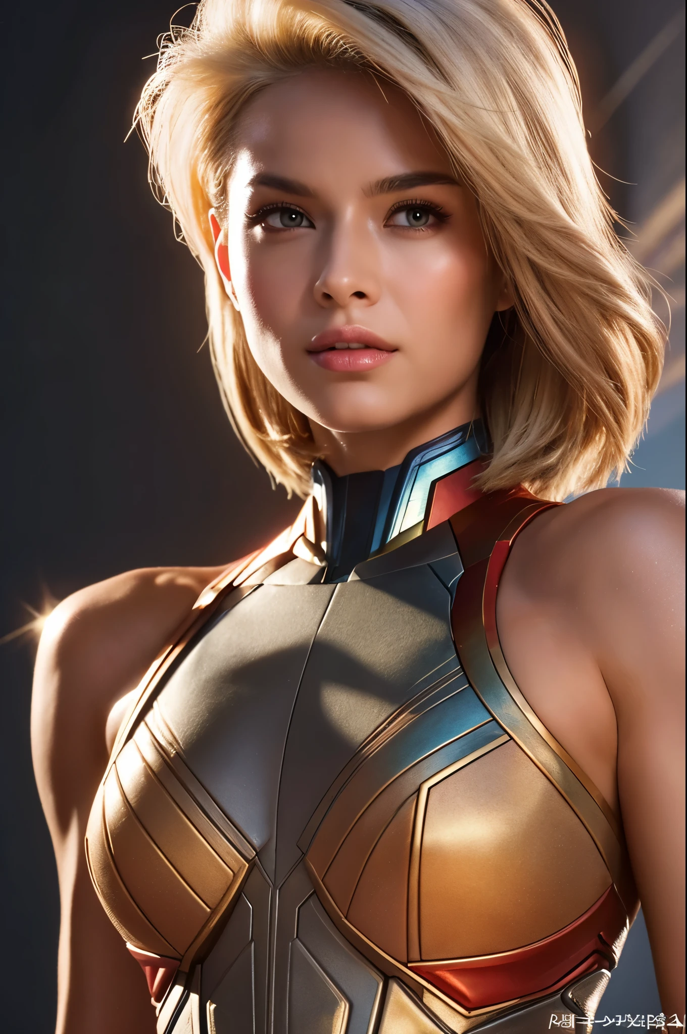 8K,blonde mohawk hair,Captain Marvel,Super Beauty(Realistic Skin),Captain Marvelのラバーコスチューム,?????????????,Muscular body,Perfect ???????,charm,Volume measurement,Body balance,Digital single-lens reflex camera, Soft lighting, Detailed Background, Written boundary depth, Volumetric lighting, Sharp focus, Absurd, Realistic proportions, Excellent ???????, (Realistic, 超Realistic:1.4), 16K HDR, dawn,A High Resolution,super Realistic 肌,Super beautiful expression,Fantasy art,Character Art,Wind effects:1.9、Cloud Effect:1.2、Full Rendering、Professional quality high resolution、Perfect contrast、Perfect lighting、Perfect composition、Perfect Skin、Perfect Fingers、Perfect ???????、Perfect Hair、Perfect Face、Realistic facial features,super highest quality,Slim figure,Perfect body line,Perfect hand shape,Anatomical body balance,Highly detailed face,Highly detailed eyes,Beautiful Lips,Excellent light particles,Cinema Lighting,Makeup,Ultra-high resolution,Ultra-Realistic Skin,Makeup,Dynamic pose,American Comics,