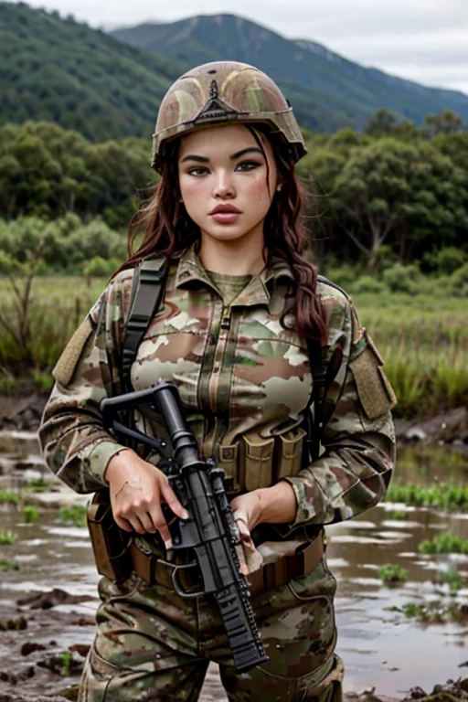 best quality, masterpiece, portrait of opt-parisberelc2020s, holding an m16 rifle, dressed in camouflage military fatigues and helmet, muddy, on muddy battlefield