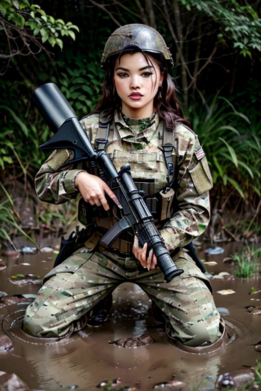 best quality, masterpiece, portrait of opt-parisberelc2020s, holding an m16 rifle, dressed in camouflage military fatigues and helmet, muddy, on muddy battlefield