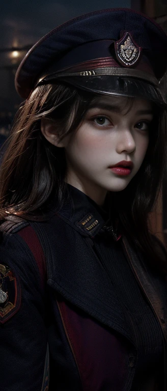 (UHD, Retina, masterpiece, precise, Anatomically correct, textured skin, Super Detail, High Detail, high quality, best quality, high resolution, 1080p, HD, 4K, 8k, 16K), (Beautiful and delicate eyes, Beautiful and delicate lips, Extremely detailed eyes and face), Studio Lighting, Physically Based Rendering, Vibrant colors, (Large Breasts, Glamorous characters), (Royal Red, Navy blue jacket, Military rank insignia:1.5), (Peaked hat:1.2), Business shirts, Gloves, (portrait, Shiny hair, glowing skin, blush, Hair blowing in the wind), (Composition standing in front of the lighthouse, Bokeh), Eye Reflection, Black Hair, (Serious expression),