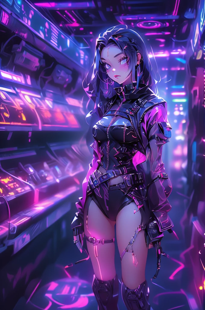 there is a purple screen with a description of a character, dark purple hair, and cybernetics, Ryan glitter concept artist, cgsocietywlop, seraphine ahri kDa, purple themed, grocery, purple aesthetic, violet colored theme, glowing lens flare wraith girl, cyberpunk style color, purple color-theme