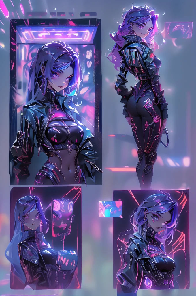 there is a purple screen with a description of a character, dark purple hair, and cybernetics, Ryan glitter concept artist, cgsocietywlop, seraphine ahri kDa, purple themed, grocery, purple aesthetic, violet colored theme, glowing lens flare wraith girl, cyberpunk style color, purple color-theme