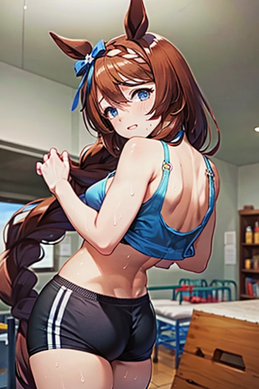 super creek \(umamusume\) in sexy mini shorts and sports bra, crouched deadlifting with a bar with her back facing a gym mirror, sweating, High Resulution, UHD, detailed image.