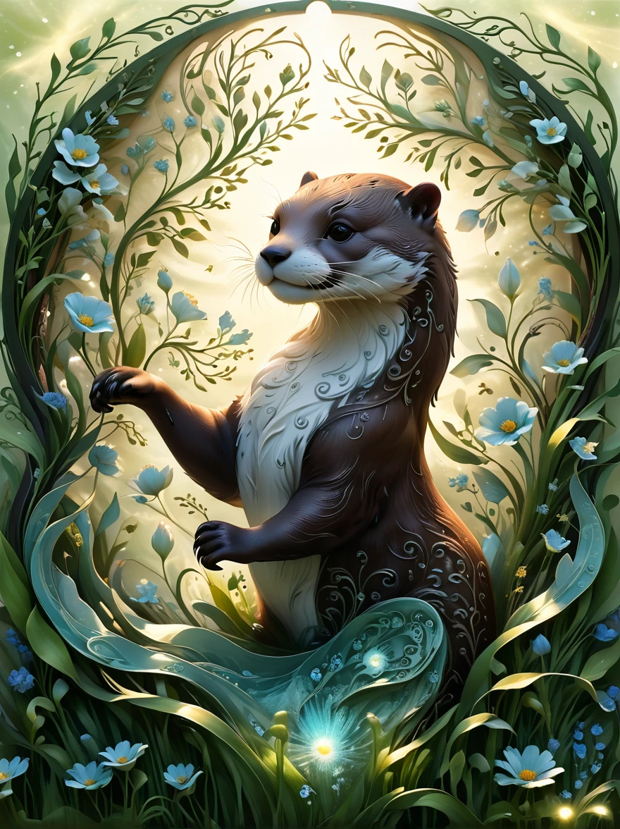 Cast iron otter with filigree and wavy metal swirls, Full transparency, Sunny meadow background,