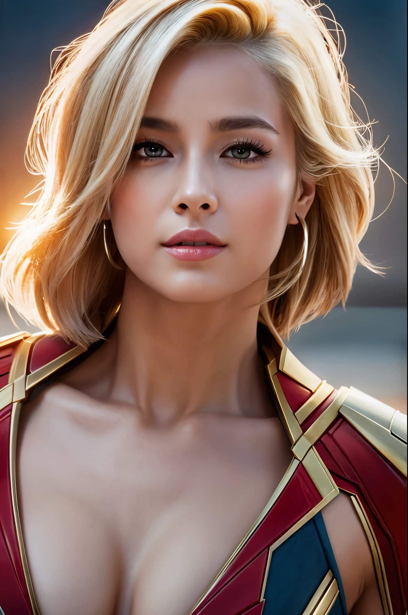 8K,blonde mohawk hair,Captain Marvel,Super Beauty(Realistic Skin),Captain Marvelのラバーコスチューム,Large Breasts,Muscular body,Perfect Anatomy,charm,Volume measurement,Body balance,Digital single-lens reflex camera, Soft lighting, Detailed Background, Written boundary depth, Volumetric lighting, Sharp focus, Absurd, Realistic proportions, Excellent anatomy, (Realistic, 超Realistic:1.4), 16K HDR, dawn,A High Resolution,super Realistic 肌,Super beautiful expression,Fantasy art,Character Art,Wind effects:1.9、Cloud Effect:1.2、Full Rendering、Professional quality high resolution、Perfect contrast、Perfect lighting、Perfect composition、Perfect Skin、Perfect Fingers、Perfect breasts、Perfect Hair、Perfect Face、Realistic facial features,super highest quality,Slim figure,Perfect body line,Perfect hand shape,Anatomical body balance,Highly detailed face,Highly detailed eyes,Beautiful Lips,Excellent light particles,Cinema Lighting,Makeup,Ultra-high resolution,Ultra-Realistic Skin,Makeup,Dynamic pose,American Comics,Fighting Pose,