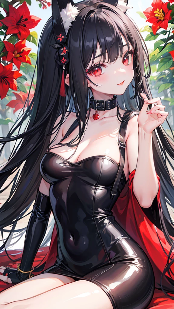 1 girl、kiss,Red lips,Fox ears,(8k、Highest image quality、best quality、masterpiece)、Black latex bodysuit,Lily headdress,slim,Large ,Extremely detailed facial details, handcuffs,collar,Calm expression,Red lips,sweet smile,Black long hair, Charming red eyes, Fox ears, Ridiculously big, glowing skin,Sit on a tree branch,forest,Flowers