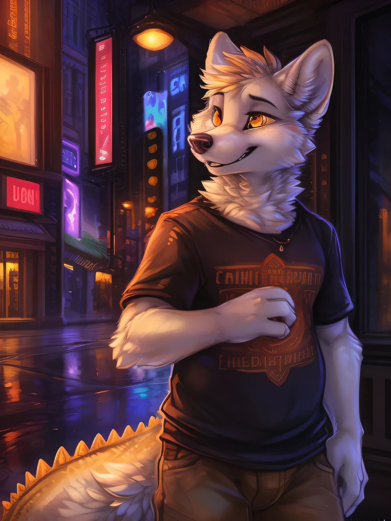 (by hioshiru and kenket and dimwitdog, michael amp inessa garmash, ruan jia, pino daeni, chunie) 3d, city_background ,arctic fox, anthro, very chubby, male, amber eyes, solo, standing, clothed, alligator, hybrid, young, arms cross, shirt, black_nose, alligator_tail