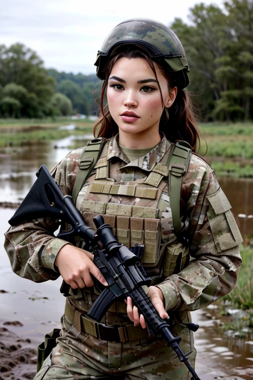 best quality, masterpiece, portrait of opt-parisberelc2020s, holding an m16 rifle, dressed in camouflage military fatigues and helmet, muddy, on muddy battlefield