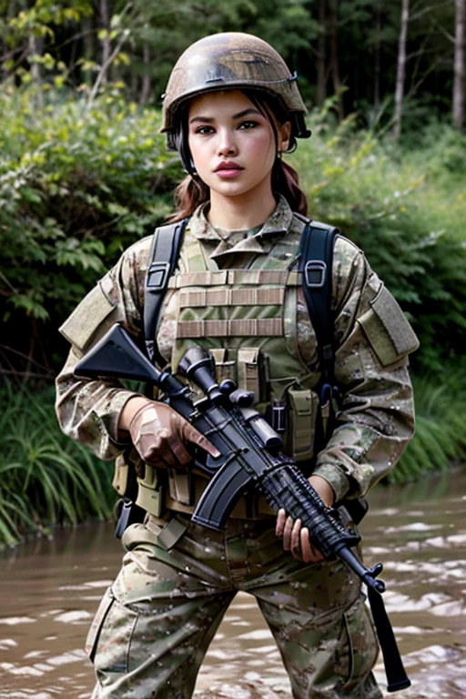 best quality, masterpiece, portrait of opt-parisberelc2020s, holding an m16 rifle, dressed in camouflage military fatigues and helmet, muddy, on muddy battlefield