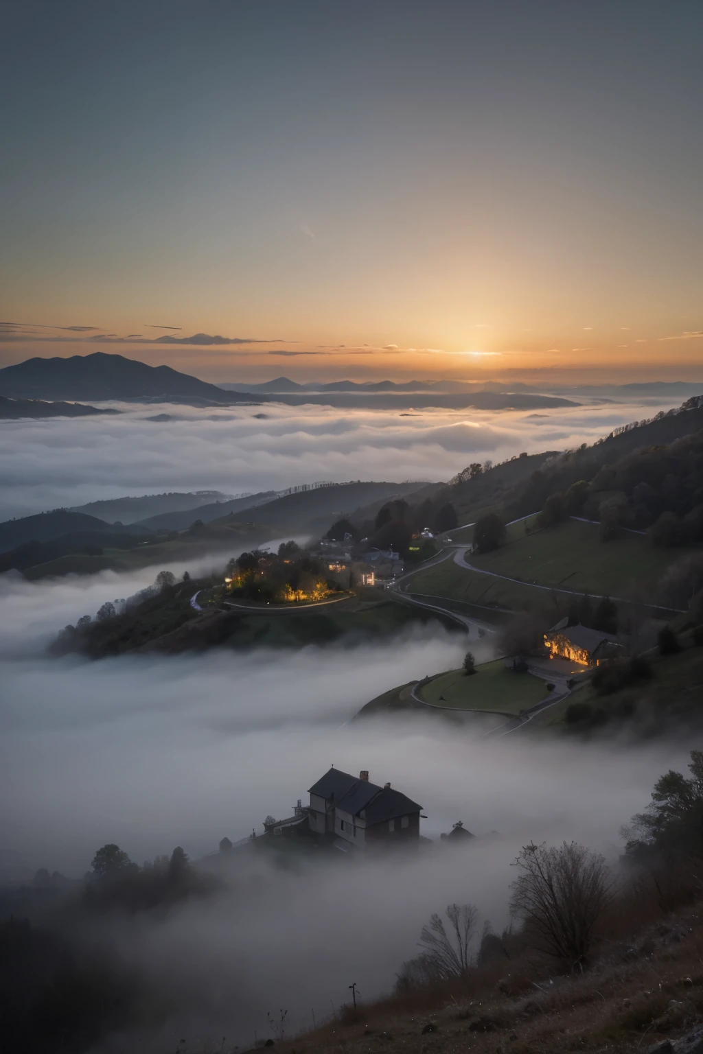 (best quality, masterpiece:1.2), detailed, Landscape, dawn, mountain, small village in the distance, fog, mysterious, vivid colors, soft lighting, serene atmosphere, tranquil mood, hazy silhouette, gentle brushstrokes
