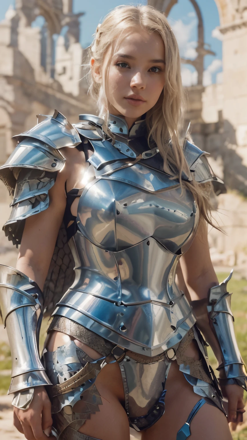 a close up of a woman in armor with a sword, girl in knight armor, beautiful armor, stunning armor, bikini armor female knight, armor girl, wearing fantasy armor, thick armor, very stylish fantasy armor, female armor, photogenic details on armor, bikini armour, wearing shiny breastplate, fantasy armor, of a beautiful female knight, dove cameron in a knight armor