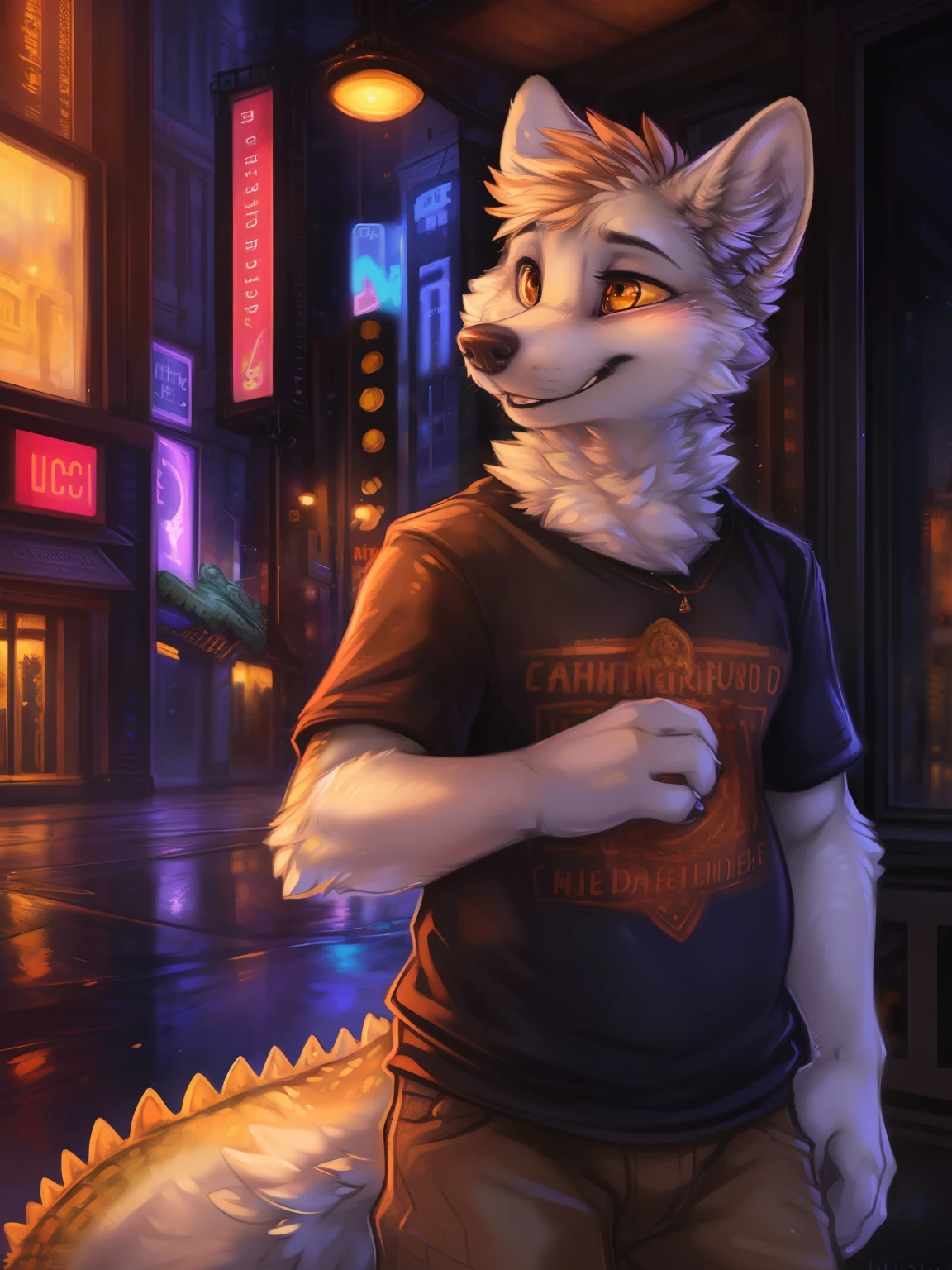 (by hioshiru and kenket and dimwitdog, michael amp inessa garmash, ruan jia, pino daeni, chunie) 3d, city_background ,arctic fox, anthro, very chubby, male, amber eyes, solo,  standing, clothed, alligator, hybrid, young, arms cross, shirt, black_nose, alligator_tail