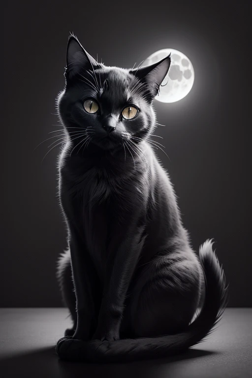 Black cat with moonlight (black and white, simple)