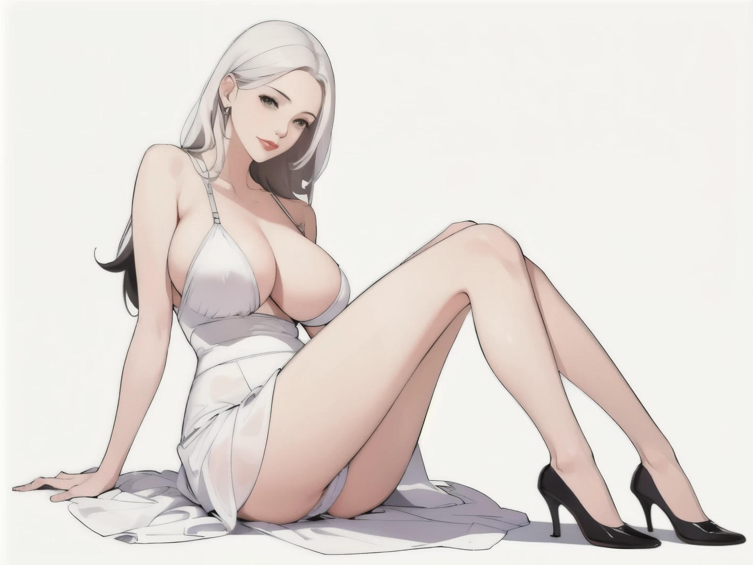 diona shin, sitting, portrait, red lips, nsfw, portrait, (masterpiece, best quality), solo, looking at viewer, fw.dona.shin, mature female, sexy, hot, white hair, diona shin, white background, white hair, very soft breast , soft breast , milf, milf face, tease, detail face , large breast, perky breasts, portrait, cowboy shot, square lips, long hair, very long hair, white hair, earrings , smirk, chubby , milf, milf face, fantasy cloth, sexy, mini skirt, heels, sitting, full body