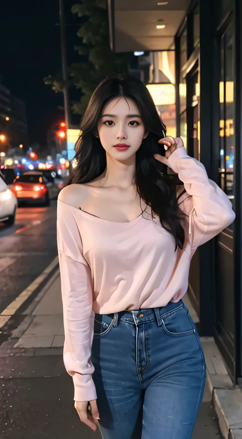 tanding on your feet，High picture quality，Works of masters，Kizi，Black hair，Long hair shawl，Long hair flowing over the shoulders，clavicle，exquisite face，Hydrated light pink lips，shirt jeans，facing at camera，Single photo，Hosiery，A sad expression，Bust，Real Persono，（ballroom，coffeesoft），CG rendering，16k，Place your hands behind your head，looks into camera，The night view was beautifud parting，hyper HD，The details were perfect，The picture is real，Extreme picture quality，Highest accuracy，8K resolution，Shades of darkness，8K, Yes ,Ultra HD,8K