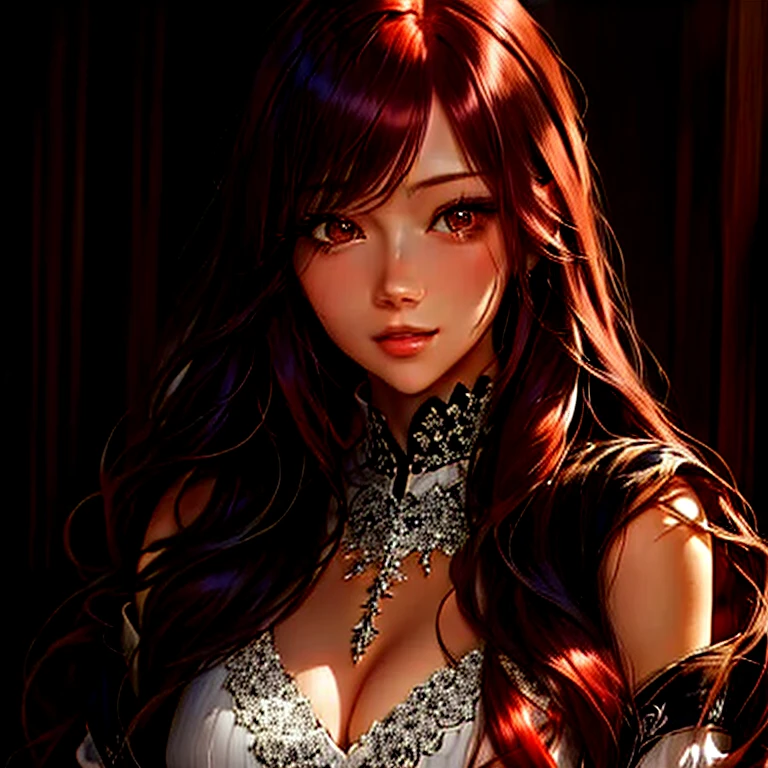 A woman in a white dress、Woman with long red hair posing for photo, Attractive anime girl, Beautiful anime girl, Beautiful anime woman, Beautiful and charming anime woman, Smooth anime CG art, Charming anime girl, Beautiful anime portrait, Detailed portrait of anime girl, Detailed digital anime art, Portrait Anime Girl, Portrait of anime girl, Realistic anime girl rendering