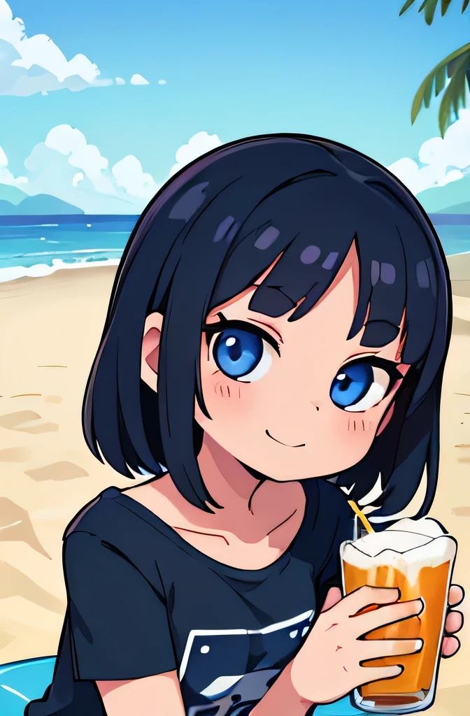 (Ultra bright color, Masterpiece, Best quality, blossom, Warm, soft light, modern, Hi-tech), 1 girl, One, in a swimsuit, with beer in hands, (beach background:1.4), full lenght black T-shirt without print, beautiful detailed face, slight smile, (blue) Medium hair, (detailed (blue) Ruby eyes), young, small breasts