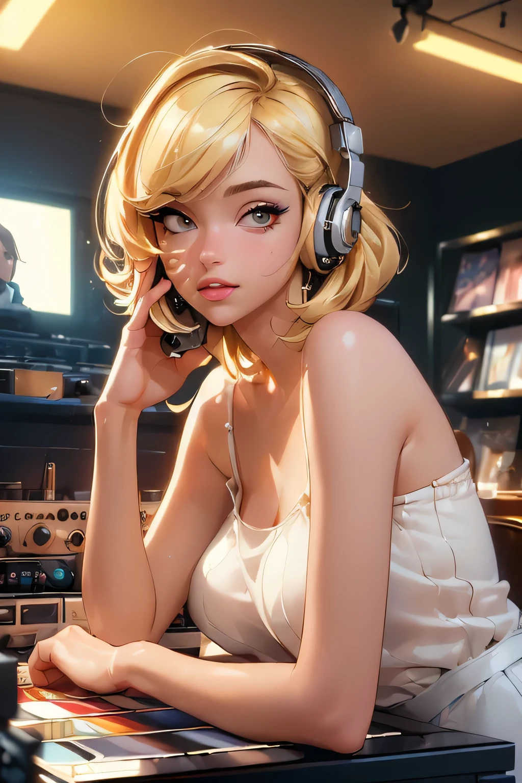 (masterpiece, best quality:1.4), ultra-detailed, soft light, natural lighting, cinematic light, film grain, (depth of field), (1woman, solo:1.4), young woman, perfect female form, (perfect face, detailed face, glossy lips, eyeliner), short hair, blonde, (mixtape:1.4), (music store, discs, vinil, radio, amplifiers, speakers),
