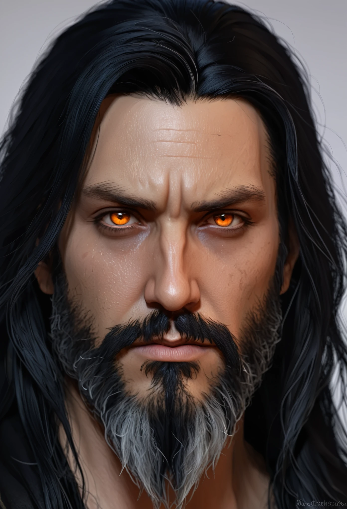 a portrait of a displeased brooding man with long black hair and a completely black beard, orange eyes, angular features, pale white skin, a character portrait by senior character artist, Artstation, fantasy art, stunning character art, fantasy concept art portrait, epic exquisite character art, character portrait art, fantasy character portrait, fantasy male portrait, greybeard, character concept art portrait, character art portrait
