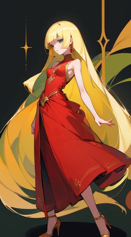 ((highest quality)), ((masterpiece)), (Familiar), Lusamine,thin,thin,Long blonde hair,Small breasts,Small breasts,Erect nipples,Adult female,Green Eyes,Slanted Eyes,Sleeveless dress,Red dress,Gold embroidery,High heels,Fascinating,Long skirt,White shawl,Green Earrings