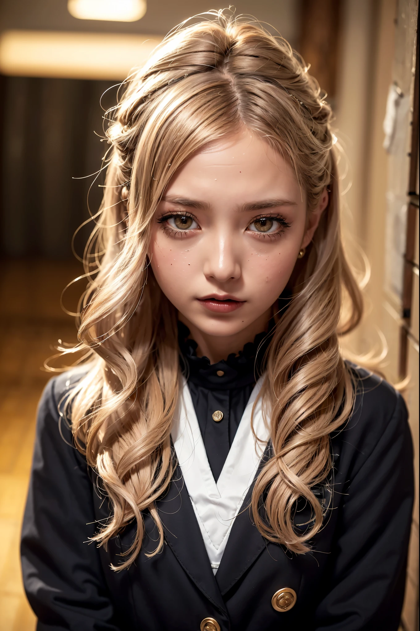 Realistic, masterpiece, highest quality, Highest Resolution, (1girl:1.3), (Japanese schoolgirl:1.3), , Upper body photo, Looks sleepy, Open your mouth, Beautiful and detailed eye drawing, (Droopy eyes:1.3), Dark Eyes, Thin eyebrows, Eyelash extensions, Gal Makeup, Orange Cheek, (White brown wavy hair, Long Hair, middle part:1.3), (Hidden eyelid wrinkles:1.3), (Gothic uniform, Add a Western armor feel to your blazer:1.3),(The subject was photographed from above at an angle:1.3), (In a Western-style castle:1.3), (On the way to stand up, Brave standing:1.2), A little close up on the face
