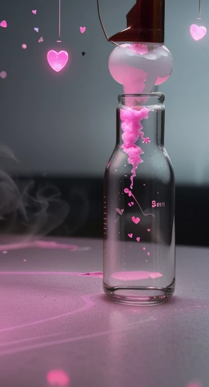 On the lab table is a glass test tube with little hearts inside filled with a cloying smoky pink substance, pink smoke billows from the test tube, hyper-realistic photo for wallpaper, focus on the little detailed hearts, scientific papers scattered on the table around her, each page filled with complex chemical formulas, professional photo