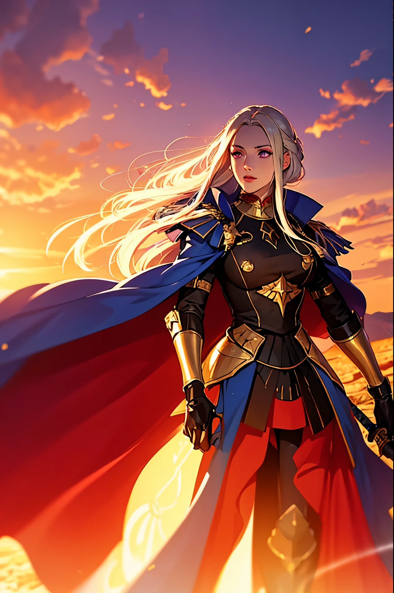 girl, beautiful detailed eyes, beautiful detailed lips, long eyelashes, platinum blonde hair with golden highlights, determined expression, red medieval clothing, standing confidently, holding a sword, surrounded by sky, bright sunny day, glowing magical aura, realistic and detailed illustration, intense and vibrant colors, epic fantasy art style, dynamic lighting and shadows, edelgard von hresvleg, fire emblem: three houses, purple eyes.