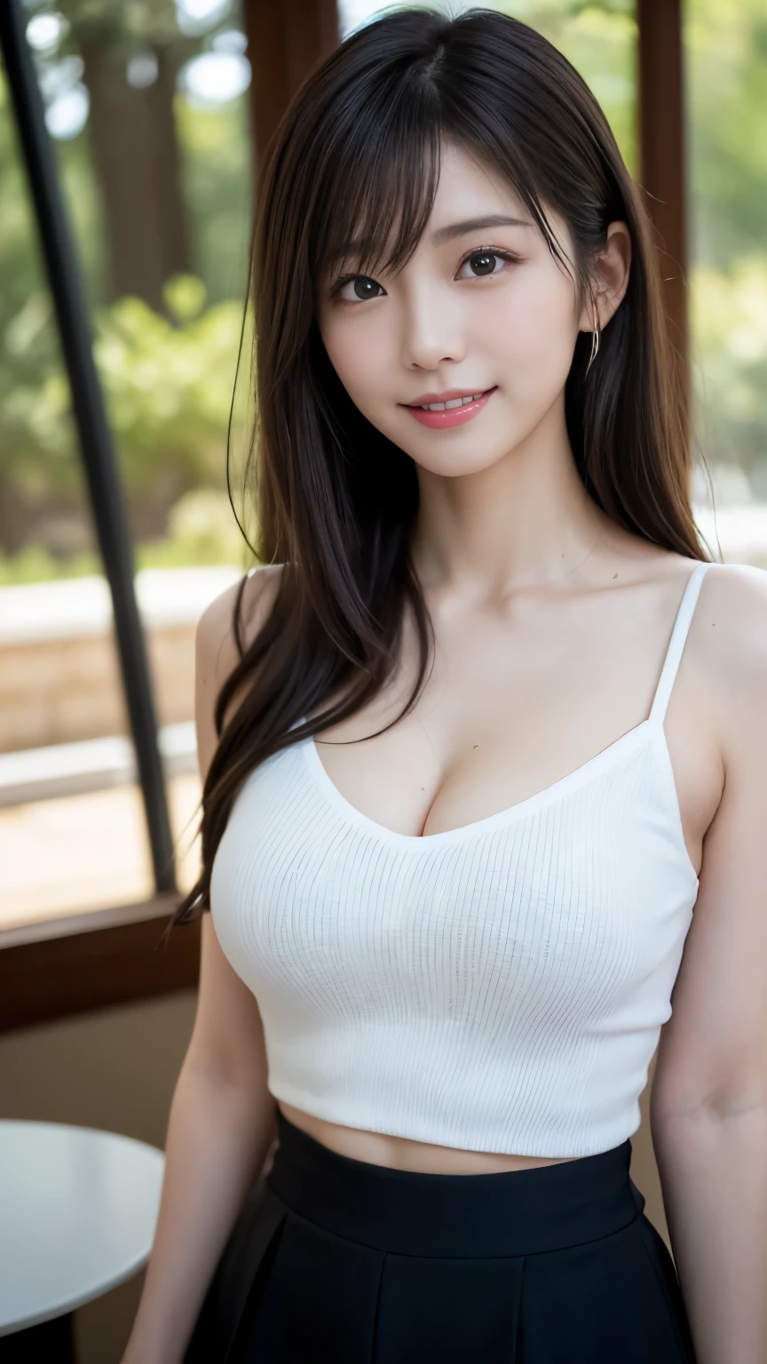 (highest quality, Tabletop, Ultra HD: 1.3), 1 Female, (Mid-breasted), Light brown hair, Blunt bangs, Hair behind the ear, Hair that falls over the shoulders, (Long Hair),Wet your hair,( Slim figure), (Ultra Fine Face), Delicate lips,(Beautiful Eyes), Light blush, The eyes are brown, (Dewy, radiant skin, Perfect Skin :1.3),clavicle, Big Tits(Hide your hands:1.5),( Black tops, Black tight skirt),(Japanese girl,Gravure idol pose),smile,,Bust Shot,(Broadleaf Forest:1.5)