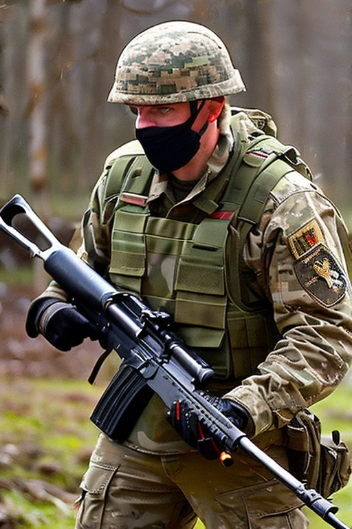 best quality, masterpiece, portrait of opt-parisberelc2020s, holding an m16 rifle, dressed in camouflage military fatigues and helmet, muddy, on muddy battlefield
