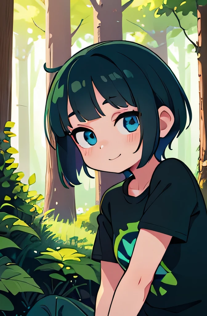 (Ultra bright color, Masterpiece, Best quality, blossom, Warm, soft light, modern, Hi-tech), 1 girl, One, (green Forest background:1.4), full lenght black T-shirt without print, beautiful detailed face, slight smile, (blue) Medium hair, (detailed (blue) Ruby eyes), young, small breasts