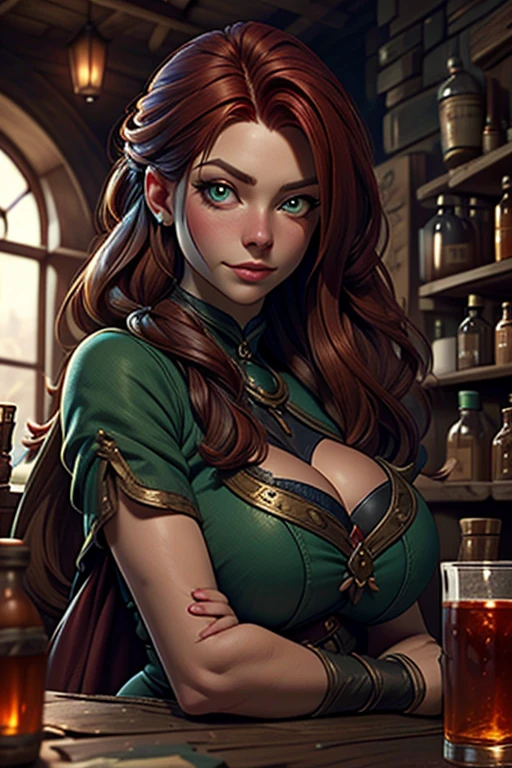 A close up of a woman with long red hair and a green shirtbeautiful ginger women in detailed dress at cozy detailed potions shop, big , air above hair, IPA award wining, masterpiece, made with professional high quality camera, intense contrast, detailed painting matrix, perfect colors, perfect setup,