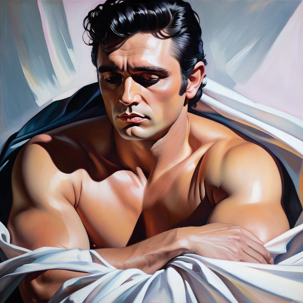 chiaroscuro technique on sensual illustration of Johnny Cash sexy masculine, diego fazio, male model, by Ludovit Fulla, model with attractive body, inspired by Ludovit Fulla, mid-shot of a hunky, the model draped in flowing, thick oil painting by Harumi Hironaka, extremely soft colors, vibrant, highly detailed, malcolm liepke painting, oil on canvas, high contrast, dramatic, refined, tonal, Create high contrast between light and shadow