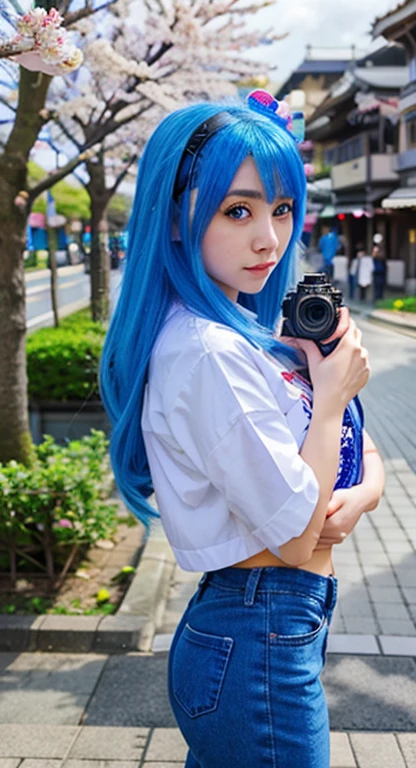 beautiful young girl in anime style with bright blue hair, beautiful big eyes, a camera in her hands, a beautiful city, sakura, very detailed