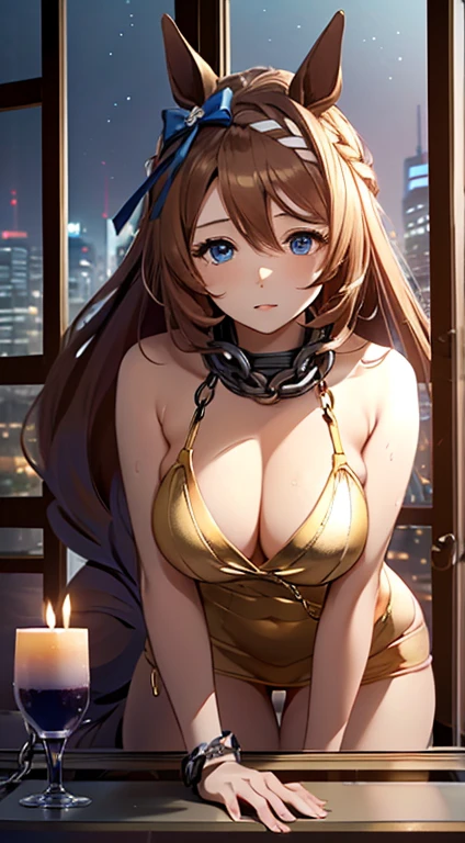 top-quality、Top image quality、super creek \(umamusume\)、​masterpiece、girl with((20yr old、Best Bust、big bast、Bust 85、Breasts wide open、A slender、Large valleys、Gold Bikini、Gold Dress,Leaning forward、Reflecting the whole body)）hiquality、Beautiful Art、Background with((Luxury Hotels、Golden Chain、Window with night view)))masutepiece、visualart、depth of fields、