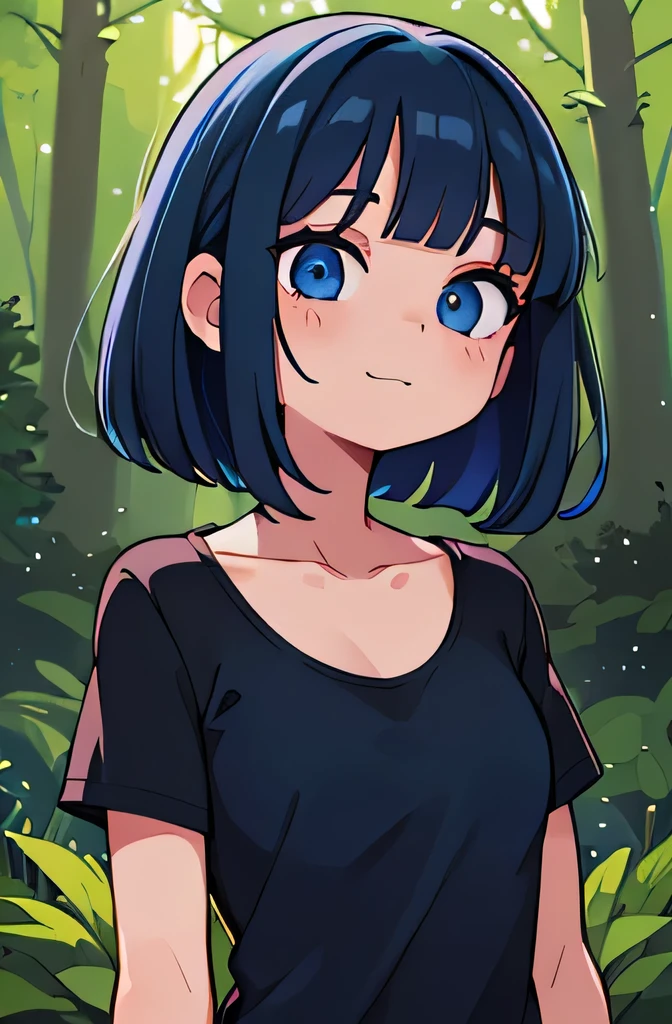 (Ultra bright color, Masterpiece, Best quality, blossom, Warm, soft light, modern, Hi-tech), 1 girl, One, (Forest background:1.4), full lenght black T-shirt without print, beautiful detailed face, slight smile, (blue) Medium hair, (detailed (blue) Ruby eyes), young, small breasts
