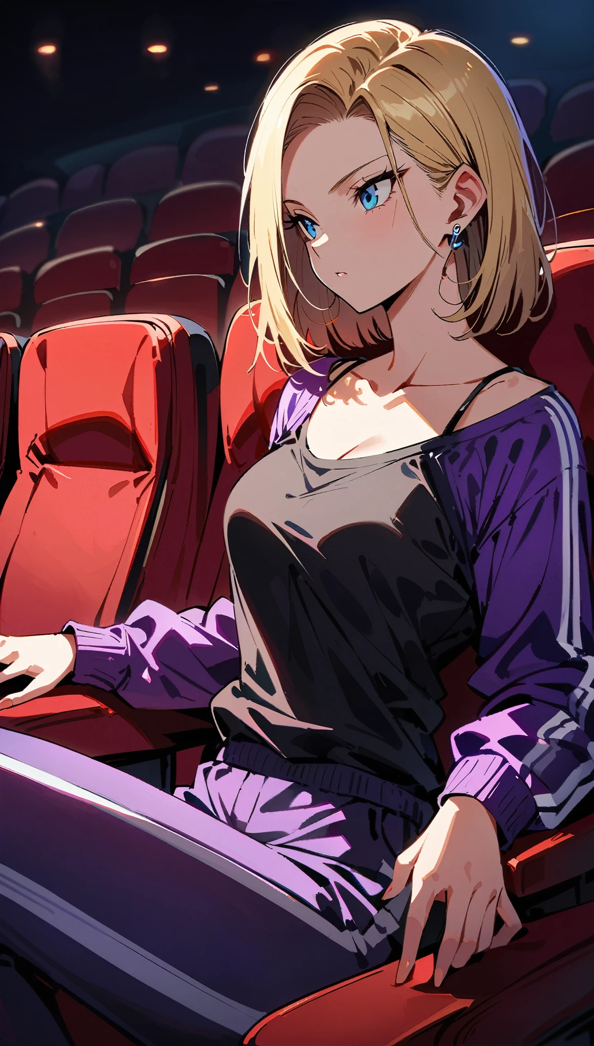 (masterpiece, best quality:1.2), shot from waist up showing only collarbone, solo, Android 18 from Dragon Ball, sitting in a bright red seat in traditional movie theater, (wearing a vibrant purple tracksuit top and plain black camisole underneath), vivid purple tracksuit bottoms with white stripes down the sides, short blonde hair loose, blue eyes focused ahead, earrings on earlobes, slender feminine figure, narrow waistline, plain movie theater background with dim lighting, no screen, 4K
