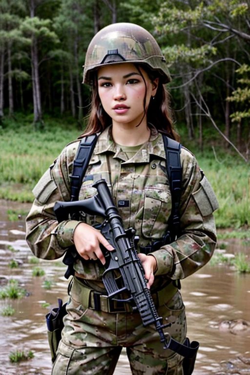 best quality, masterpiece, portrait of opt-parisberelc2020s, holding an m16 rifle, dressed in camouflage military fatigues and helmet, muddy, on muddy battlefield