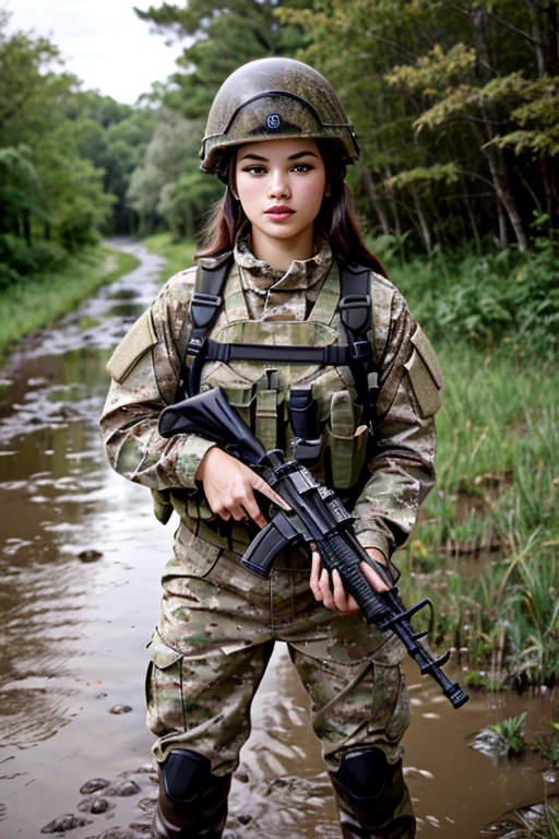 best quality, masterpiece, portrait of opt-parisberelc2020s, holding an m16 rifle, dressed in camouflage military fatigues and helmet, muddy, on muddy battlefield