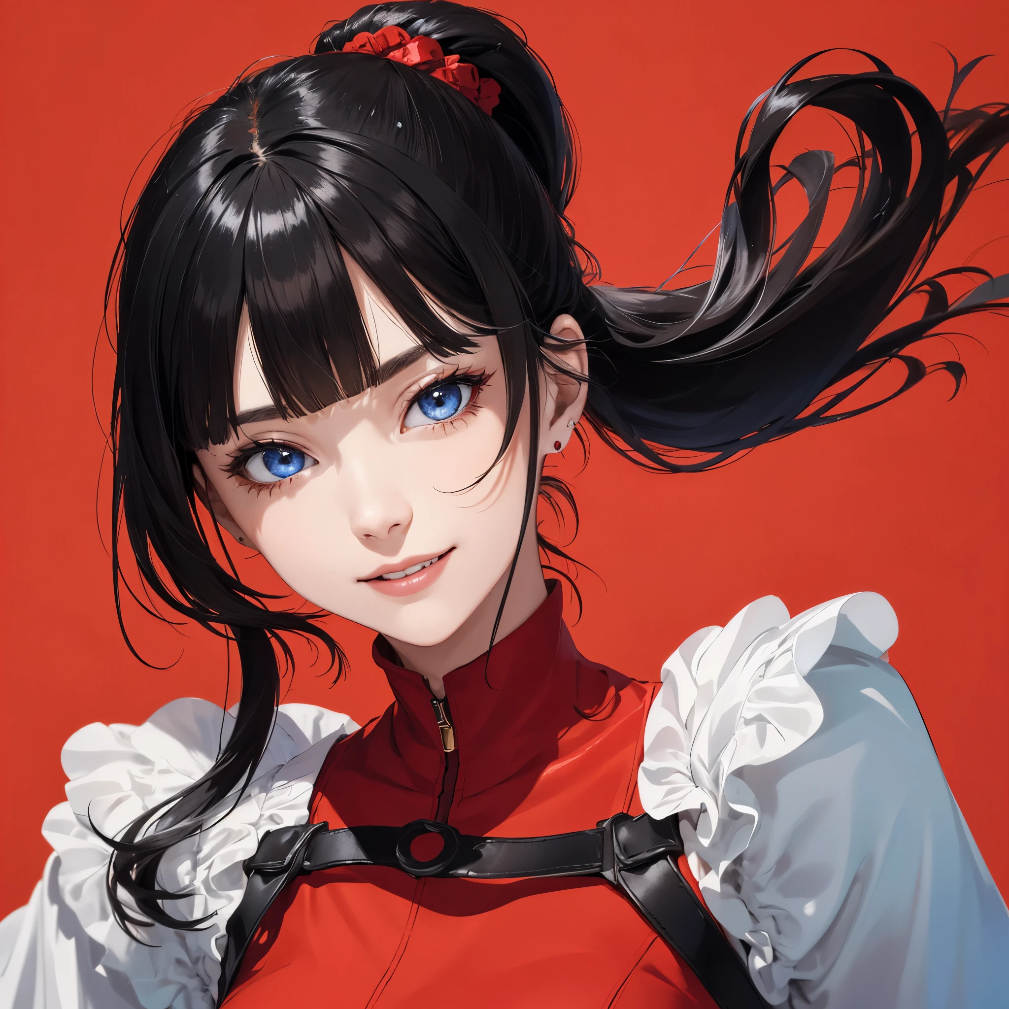 absurderes, ultra-detailliert,bright colour,(in 8K:1.1),masuter piece,extremely beautiful detailed face and eyes, 25 years old one girl,(Smooth straight black hair:1.1), (Shiny straight ponytail long hair:1.1),(Pattsun bangs:1.1) Delicate beautiful face, red blush、(Deep blue eyes:1.1: wearing red detailed outfit), Natural Nice Spot, Detailed face, smiling gently, plain red background.