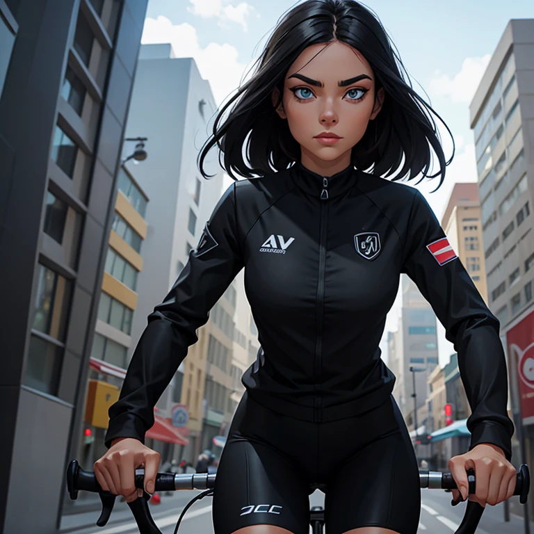 Create a woman cyclist character in black uniform with blue-grey eyes black hair