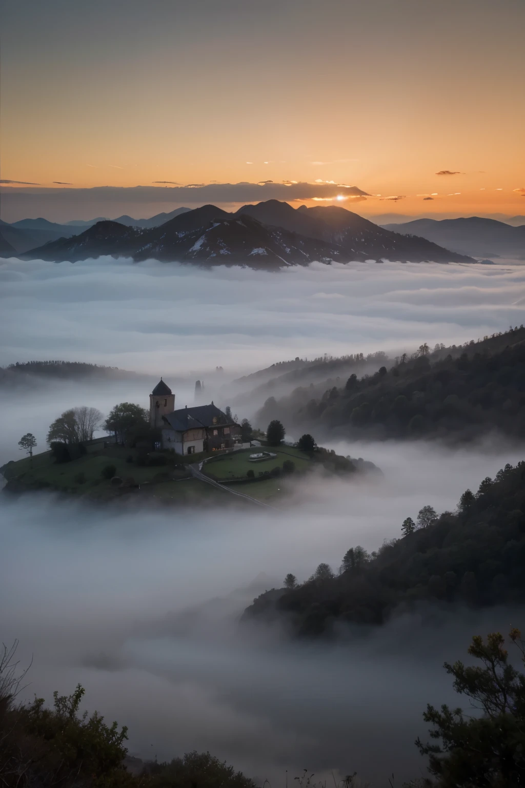 (best quality, masterpiece:1.2), detailed, Landscape, dawn, mountain, small village in the distance, fog, mysterious, vivid colors, soft lighting, serene atmosphere, tranquil mood, hazy silhouette, gentle brushstrokes