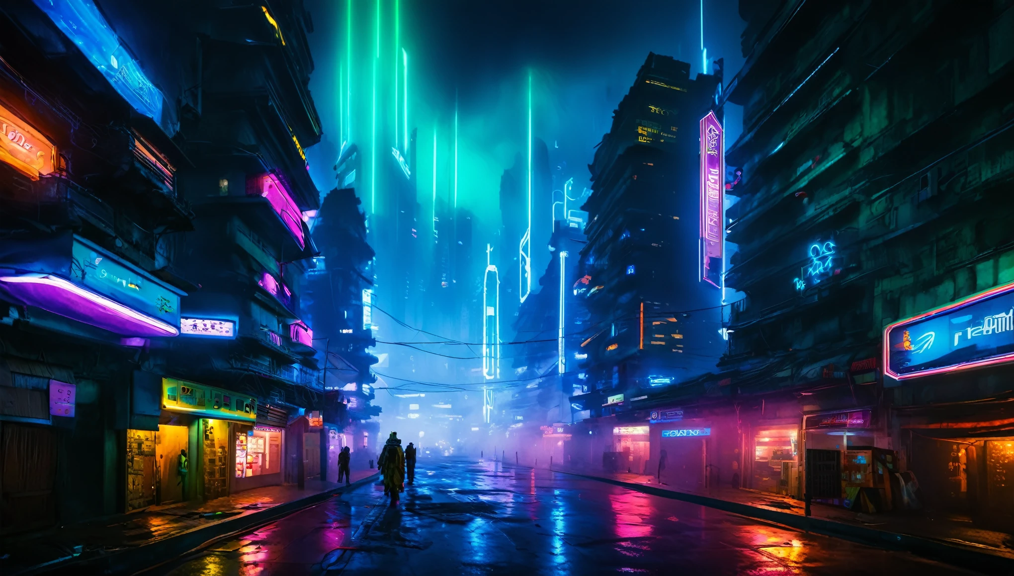 paisaje futurista oscuro, de noche, neon lights, Atmospheric fog, grandes edificios de fondo, ciudad futurista, calles sucias y concurridas con tiendas abiertas, basura en la calle, Edificios en ruinas, rascacielos (postapocalyptic city:1.3)