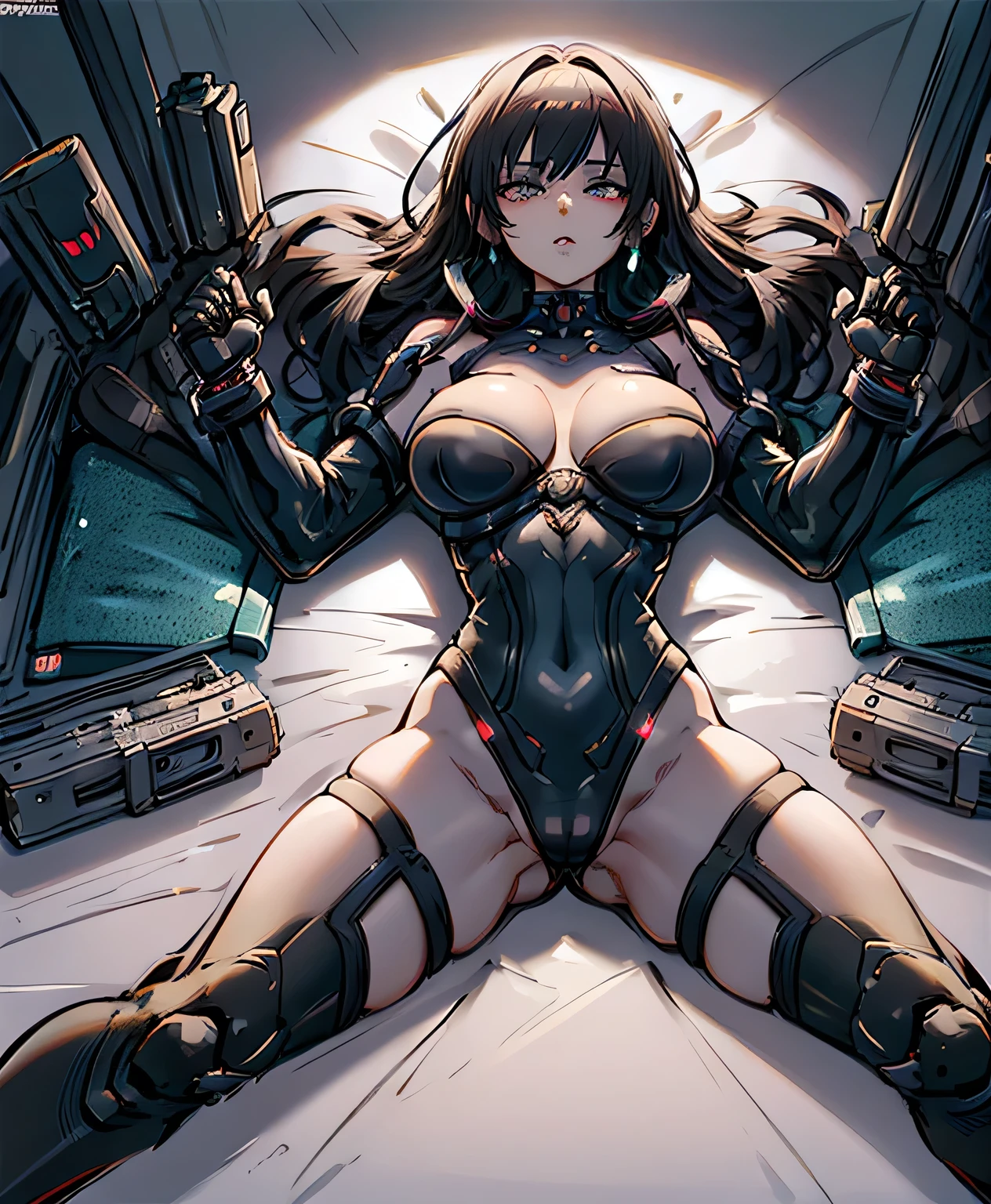 cyberpunk 2077),triple D cup , round buttock drawing/art, bold linework, illustration, digital art, masterpiece, laying on a bed, no shadows, black and white, 8k resolution, high detail, vector art, only anime