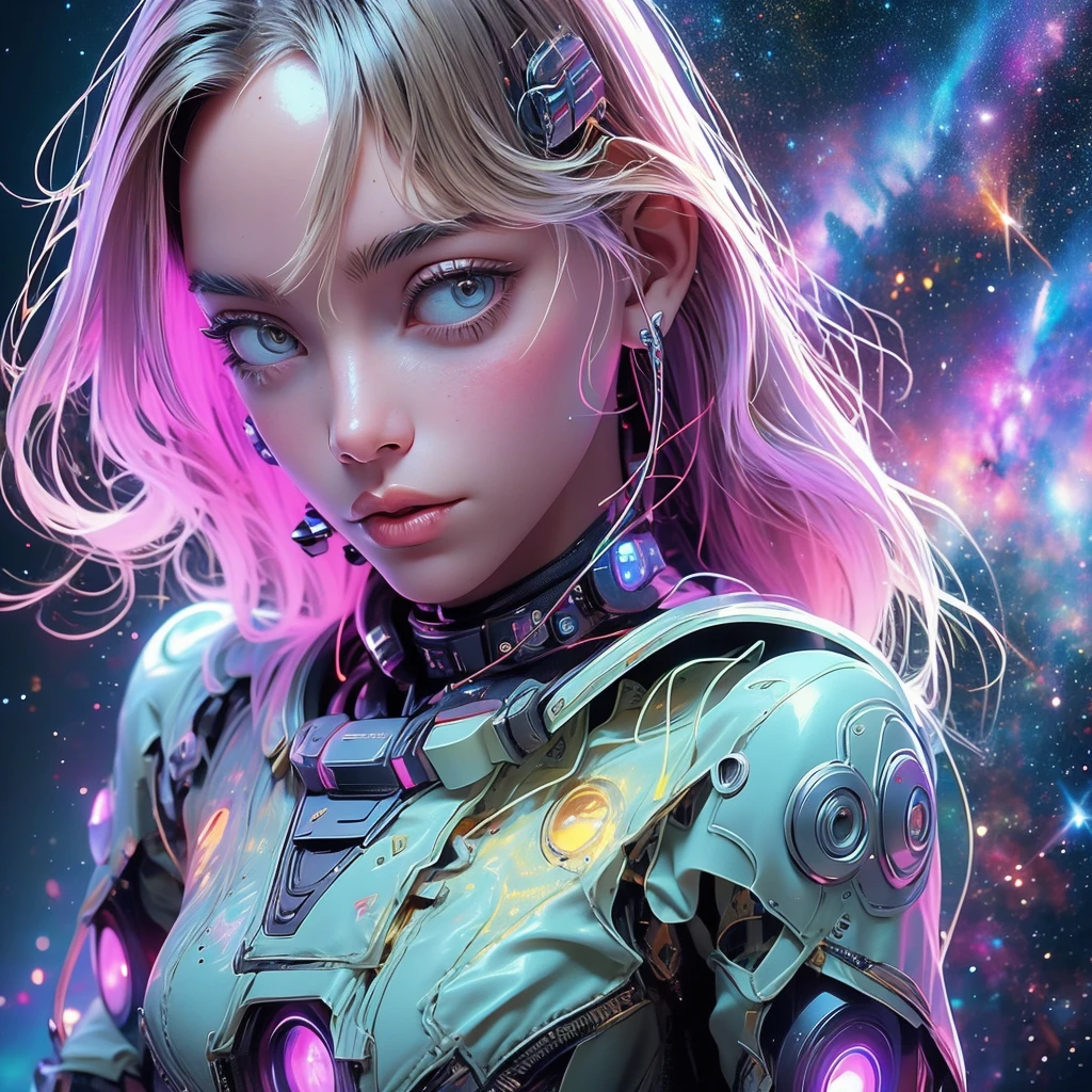 there is a screenshot of a woman in a space suit, a cosmic girl, an event, cosmic entity, incriminate content details, an endless cosmos in the background, historical event, real event, an astral background, cosmic background, cosmic goddess, cyborg goddess in cosmos, celestial cosmos, game interface, violet battlefield theme, cosmic style, hyperdetailed content, background details