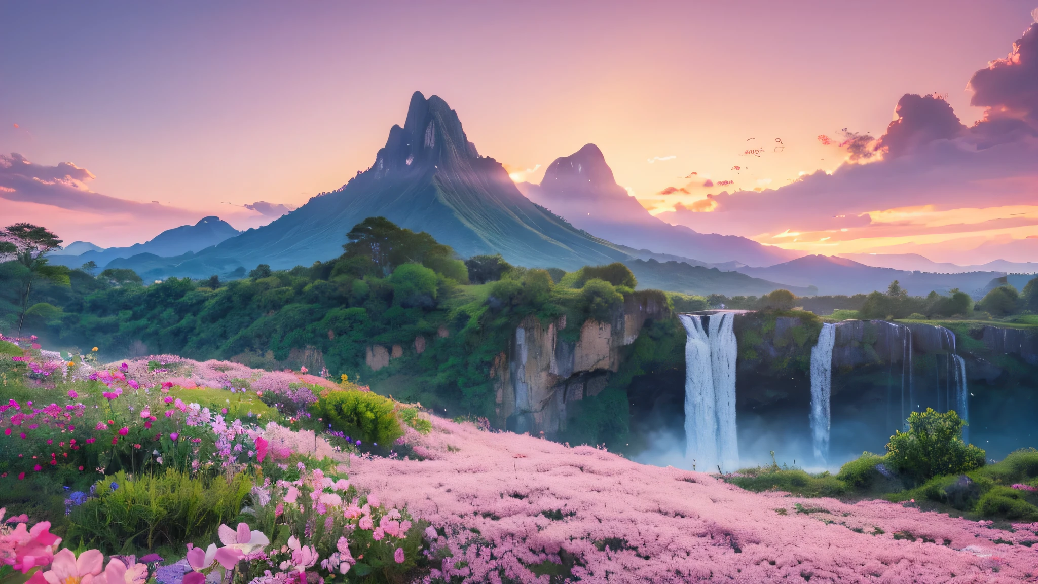 waterfallr ,Towering mountains ,flower sea,pink-sky,Dreamland Wonderland,heal