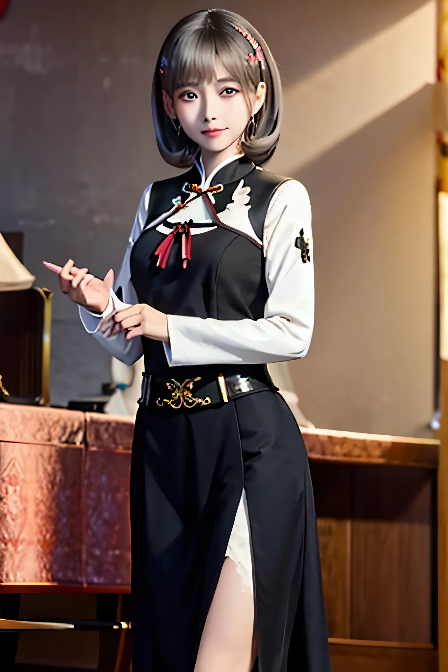 Generate a Chinese style beauty,Black long straight,Wearing Chinese style cheongsam(The color is mainly black gold),Sexy without being revealing,Elegant and dignified