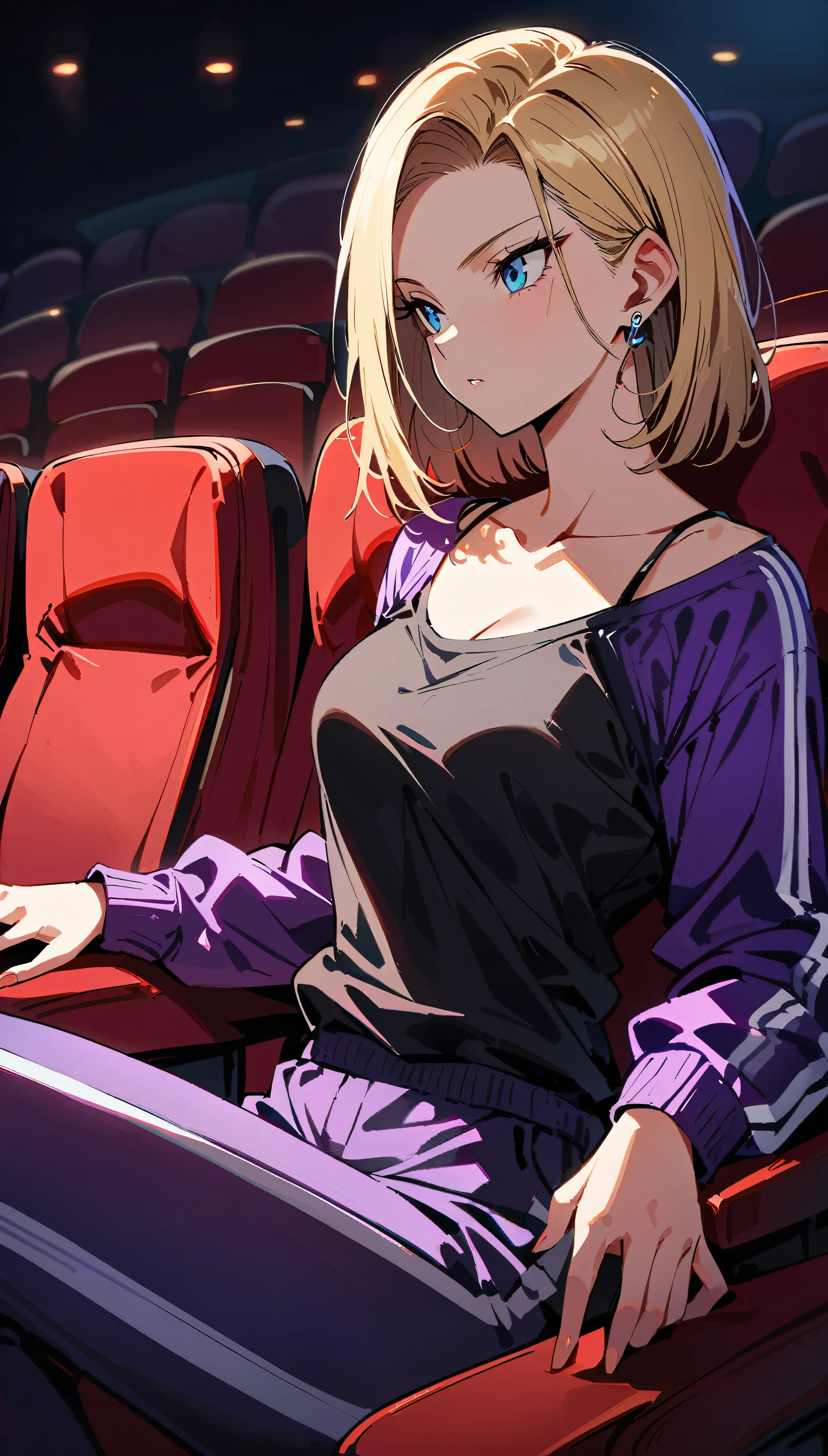(masterpiece, best quality:1.2), shot from waist up showing only collarbone, solo, Android 18 from Dragon Ball, sitting in a bright red seat in traditional movie theater, (wearing a vibrant purple tracksuit top and plain black camisole underneath), vivid purple tracksuit bottoms with white stripes down the sides, short blonde hair loose, blue eyes focused ahead, earrings on earlobes, slender feminine figure, narrow waistline, plain movie theater background with dim lighting, no screen, 4K
